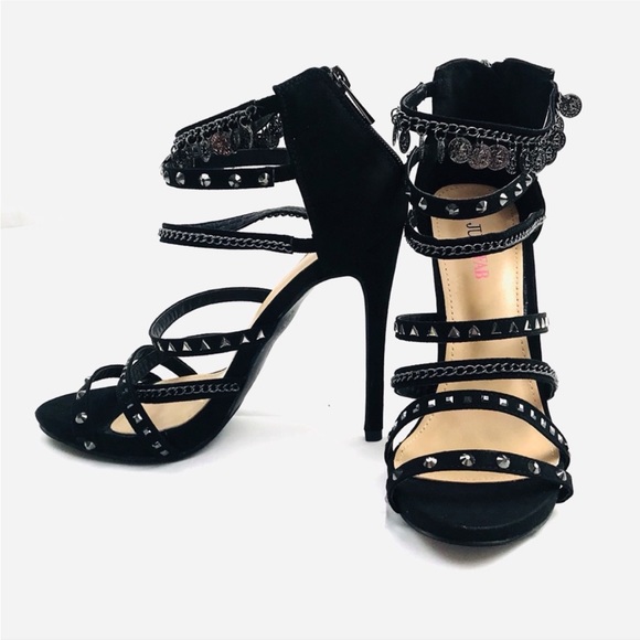 Black Strappy Heels with Silver Tone Chain Detail! - Picture 1 of 7